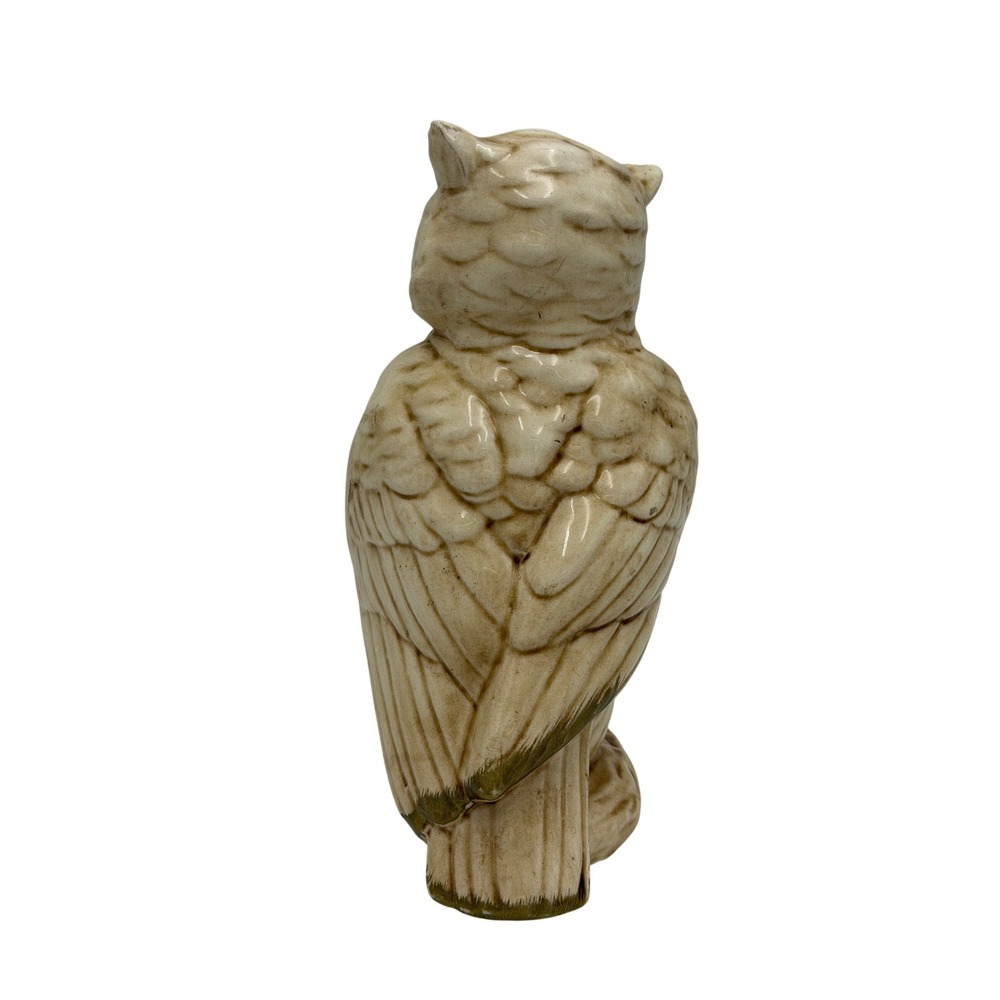 Vtg MCM Ceramic Horned Owl Figurine Cream Brown Glaze Home Decor Accent 7" Core - Picture 3 of 6